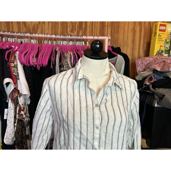 Sigrid Olsen LINEN Button Down Blouse Collared Blue & White Striped Sz L - Picture 3 of 9